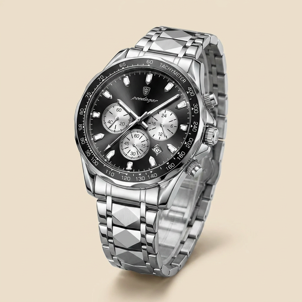 Two-tone alloy round luminous quartz chronograph sports watch side profile with gold case, green dial and stainless steel bracelet detail
