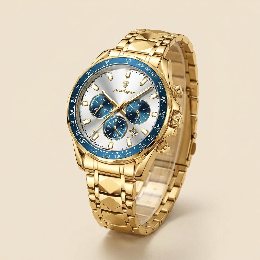 Two-tone alloy round luminous quartz chronograph sports watch three-quarter angle with silver case, green dial and luminous night glow