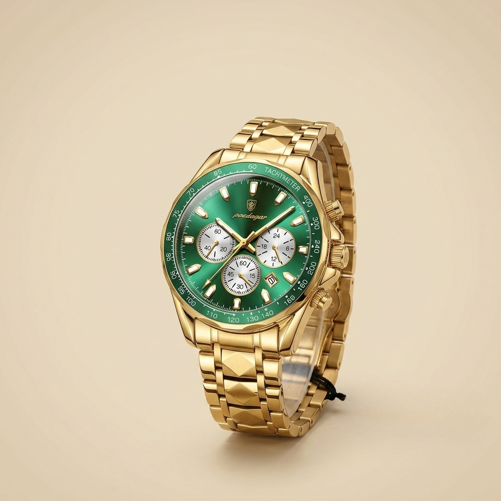 Two-tone alloy round luminous quartz chronograph sports watch three-quarter front view with white dial and moon phase subdials close-up