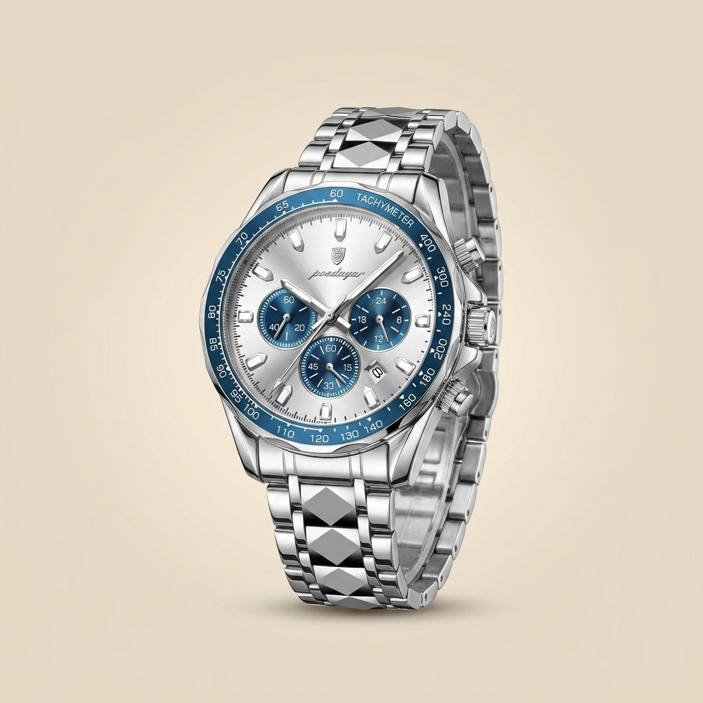 Two-tone alloy round luminous quartz chronograph sports watch top-down with silver case, black dial and chronograph subdials lifestyle shot