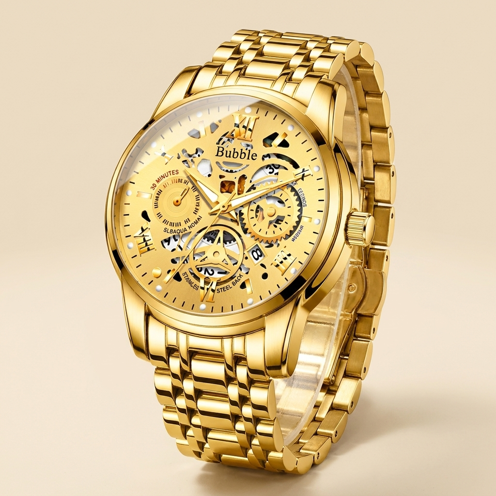 Two-tone gold stainless steel round skeleton quartz wristwatch front view close-up with polished case and luminous hands