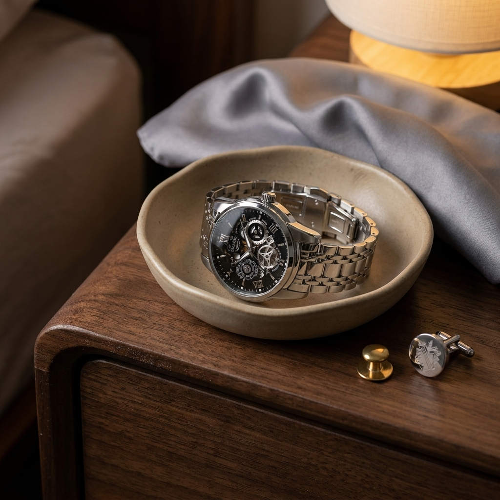 Two-tone gold stainless steel round skeleton quartz wristwatch side profile in a lifestyle bedside scene with ceramic catch
