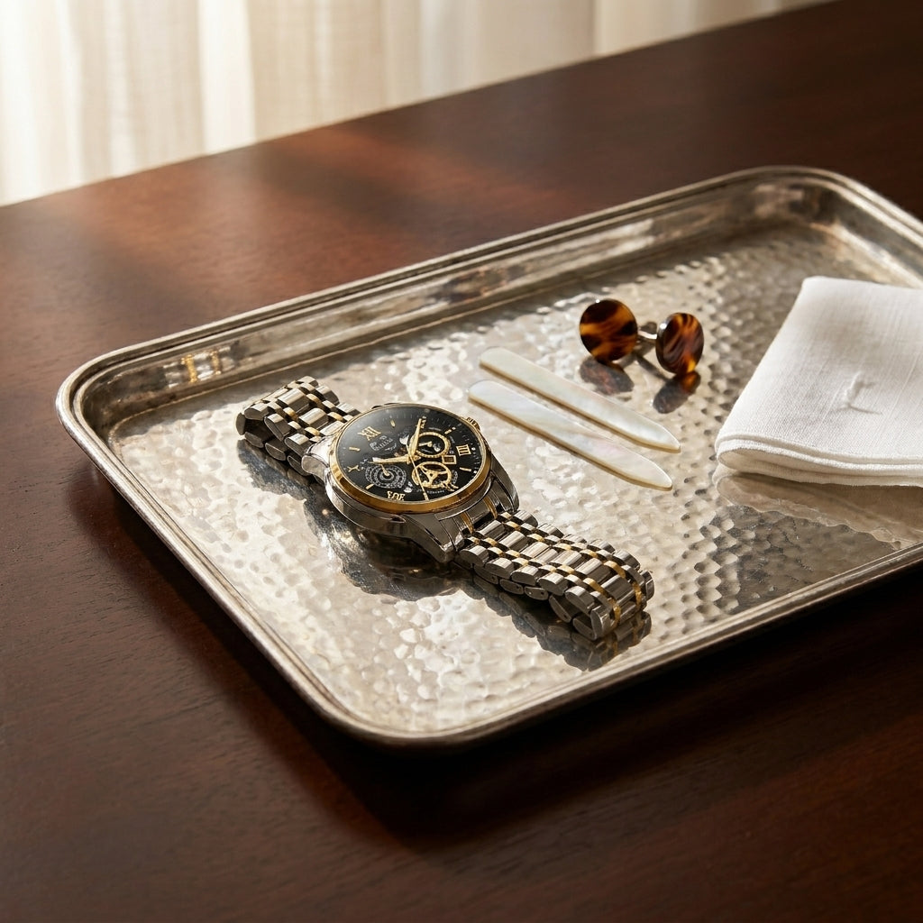 Two-tone gold stainless steel round skeleton quartz wristwatch at three-quarter angle in a lifestyle dressing valet scene