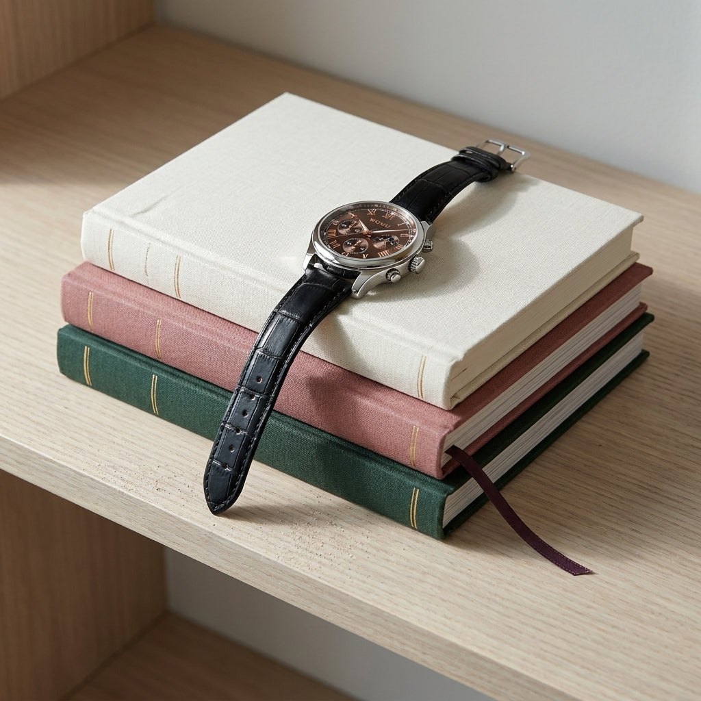 Two-tone gold stainless steel round skeleton quartz wristwatch shown top-down in a lifestyle scene with cloth and monograph stack