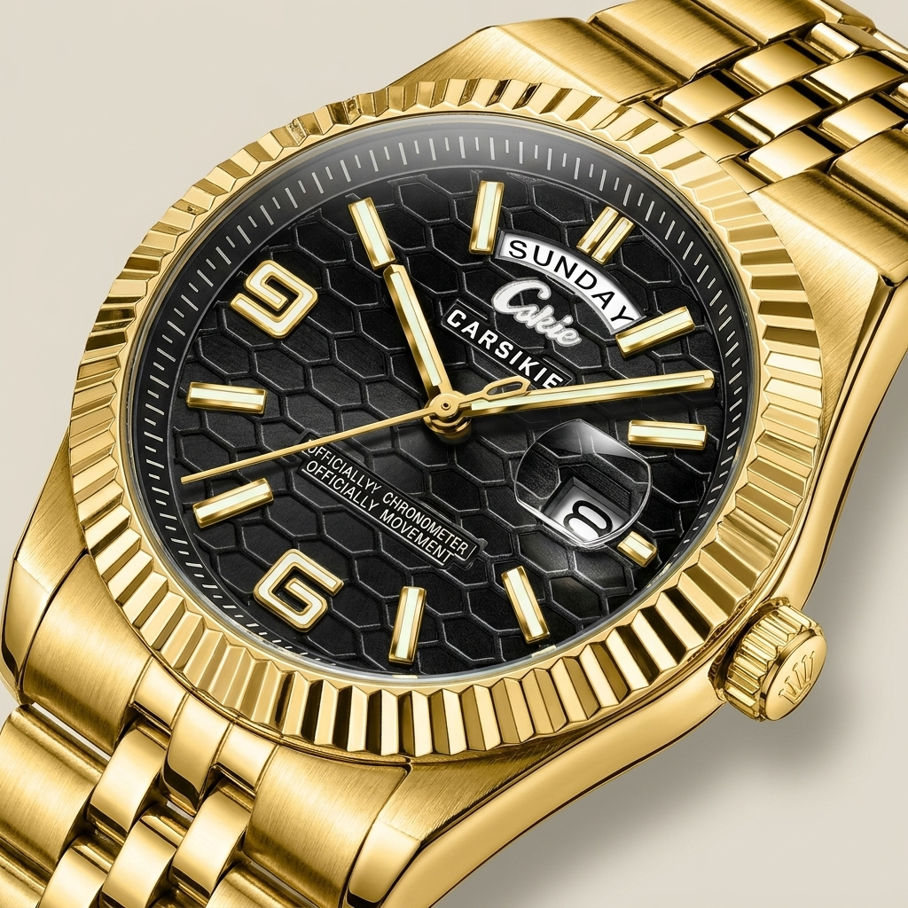 Front detail of two-tone stainless steel men’s watch with black dial and gold tone lit showing luminous hands and date window