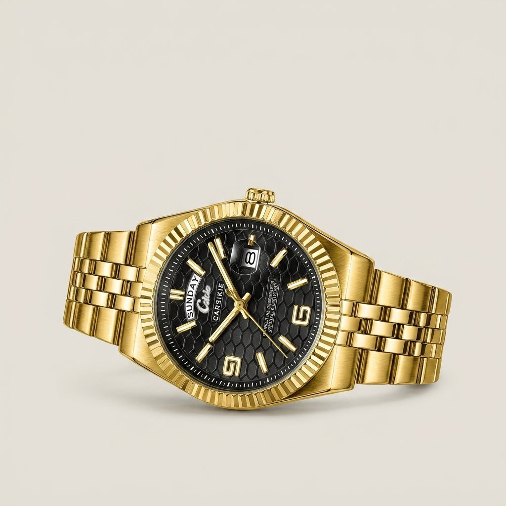 Two-tone stainless steel men’s watch with black dial and gold tone shown front view lit highlighting fluted bezel
