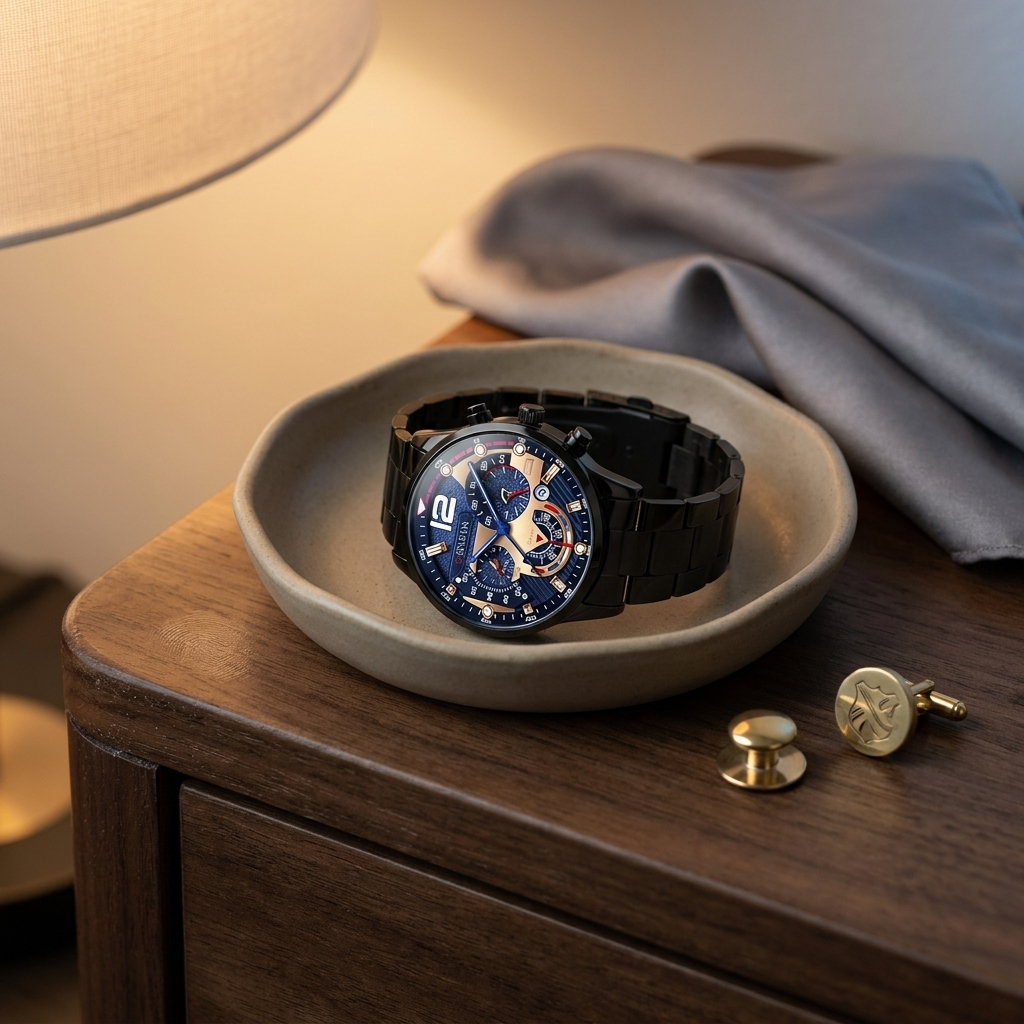 Two-tone stainless steel men’s watch with black dial and gold tone top-down on bedside table with ceramic catch in dimmed light