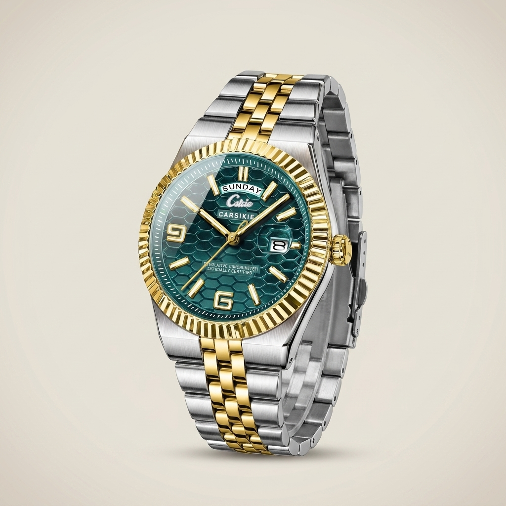 Two-tone stainless steel men’s watch with blue dial side profile showing luminous hands visible lit