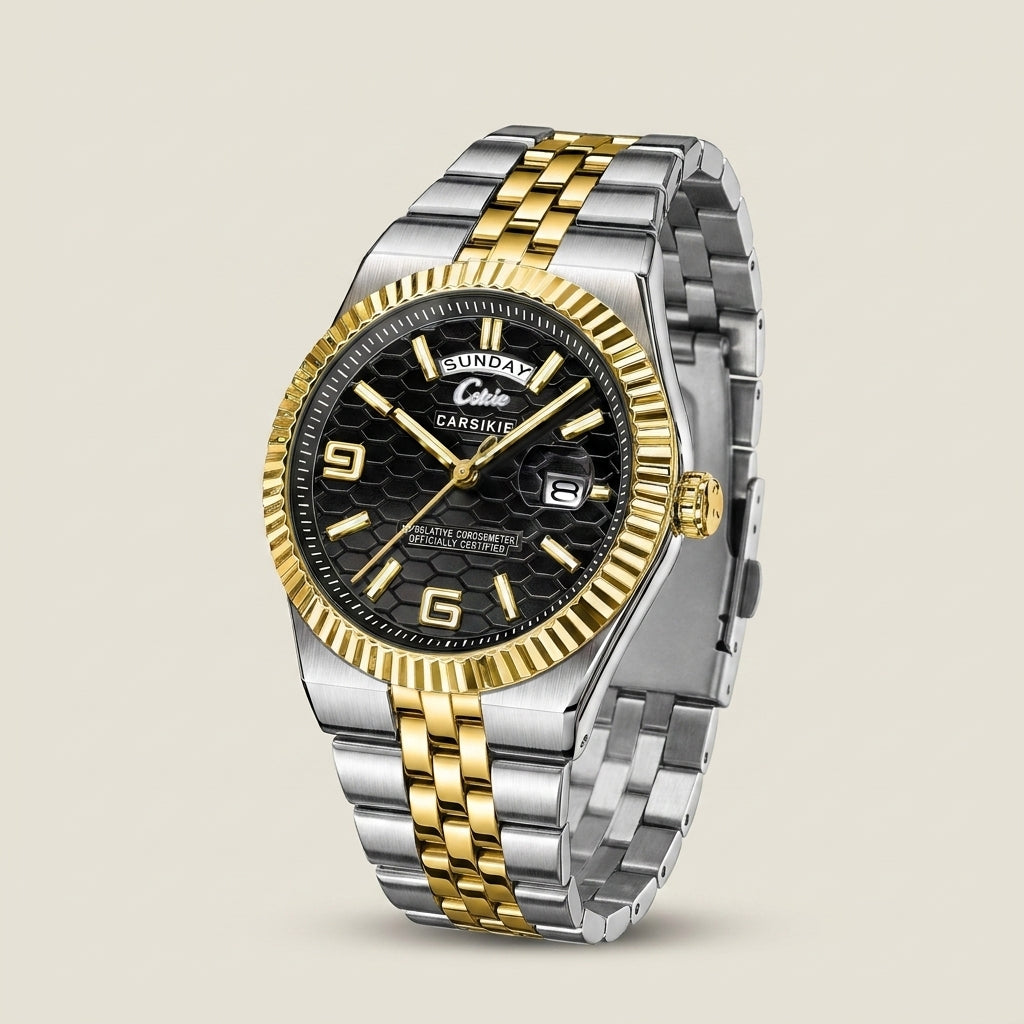 Two-tone stainless steel men’s watch with white dial at three-quarter angle showing screw-down crown visible