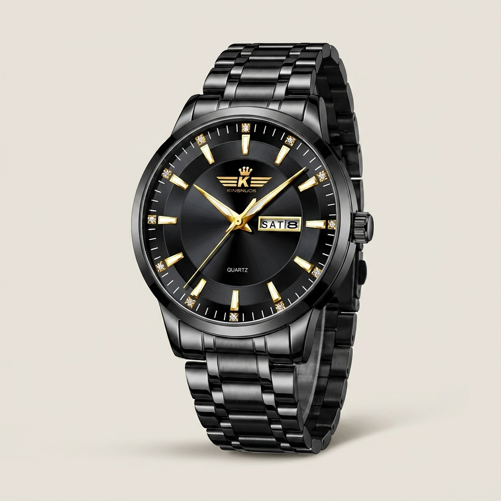 Close-up detail shot of full gold bracelet men's quartz watch with green dial and mineral hardened glass