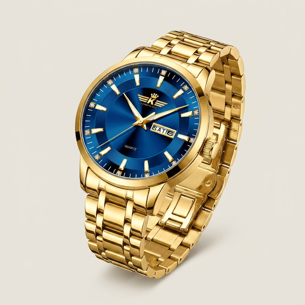 Front view of full gold bracelet men's quartz watch featuring red dial and rectangular baton hour indices