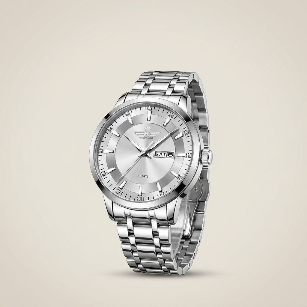 Front view of silver bracelet men's quartz watch featuring gray dial and standard analog hands