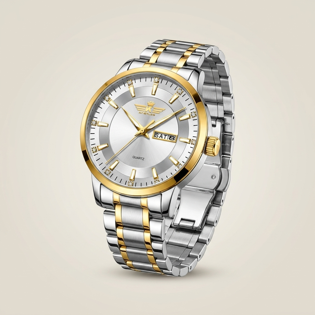 Two-tone stainless steel men's quartz watch front view showing black dial and alloy case with round profile