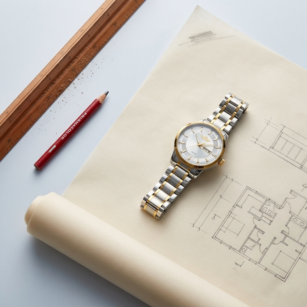 Lifestyle image of two-tone stainless steel men's quartz watch with blue dial placed on architectural parchment