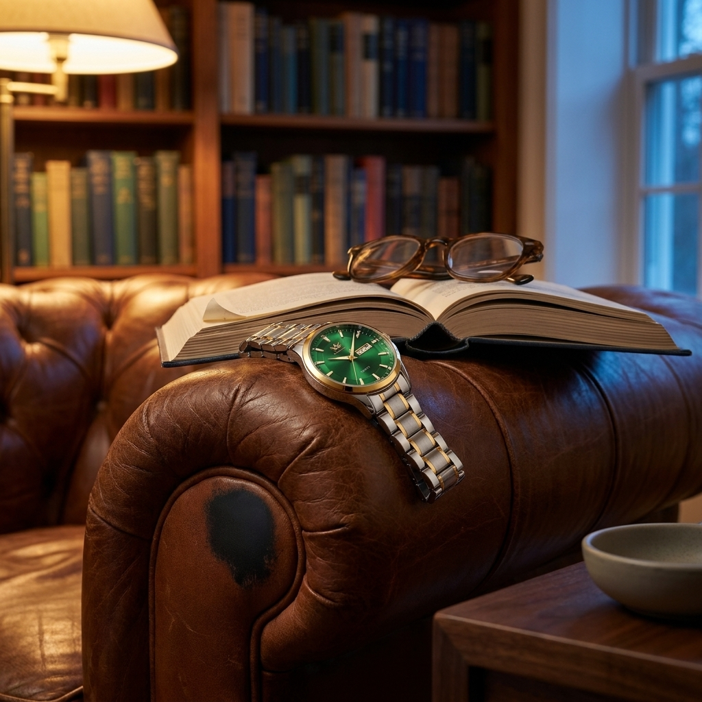 Lifestyle image of two-tone stainless steel men's quartz watch with blue dial placed near library armchair arm