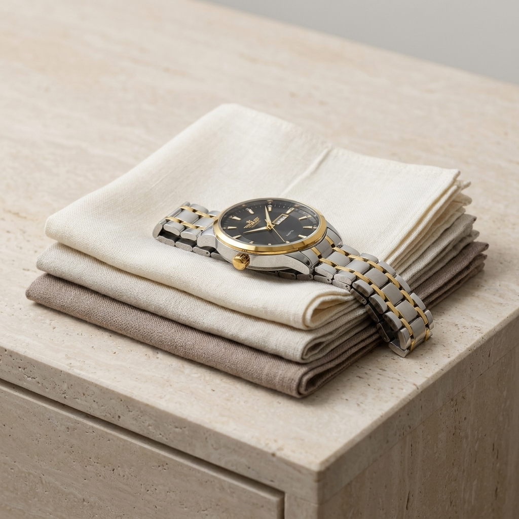 Lifestyle shot of two-tone stainless steel men's quartz watch with green dial resting on linen pocket square stack