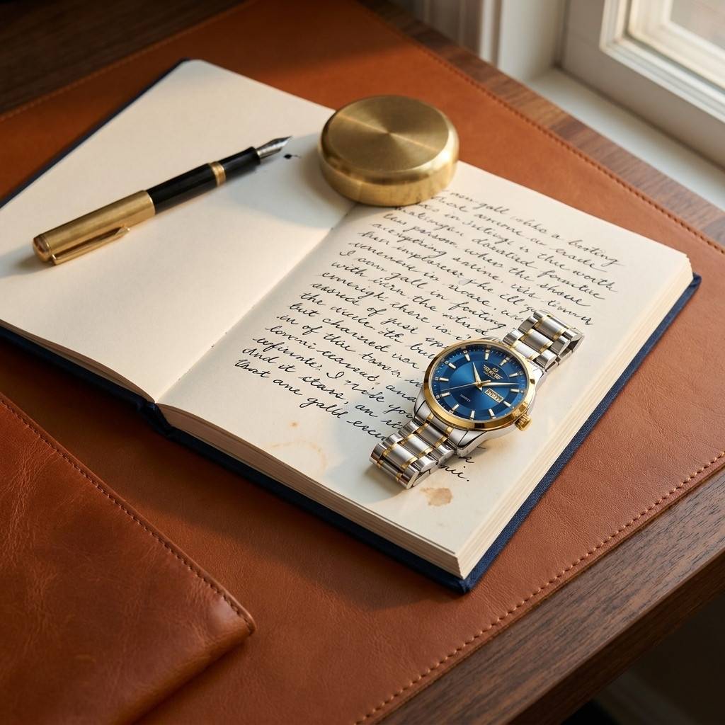 Lifestyle scene featuring two-tone stainless steel men's quartz watch with red dial on open hardcover notebook