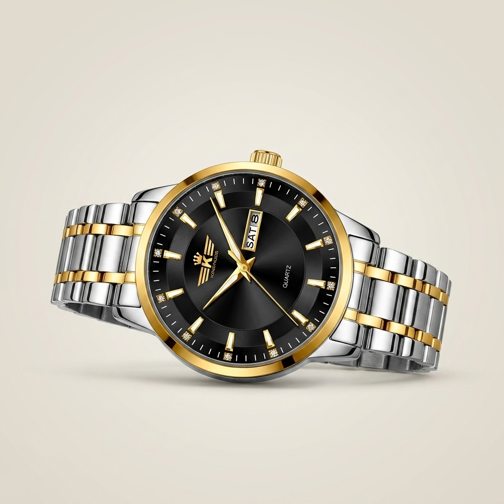 Side profile of two-tone stainless steel men's quartz watch featuring blue dial and butterfly double-press clasp