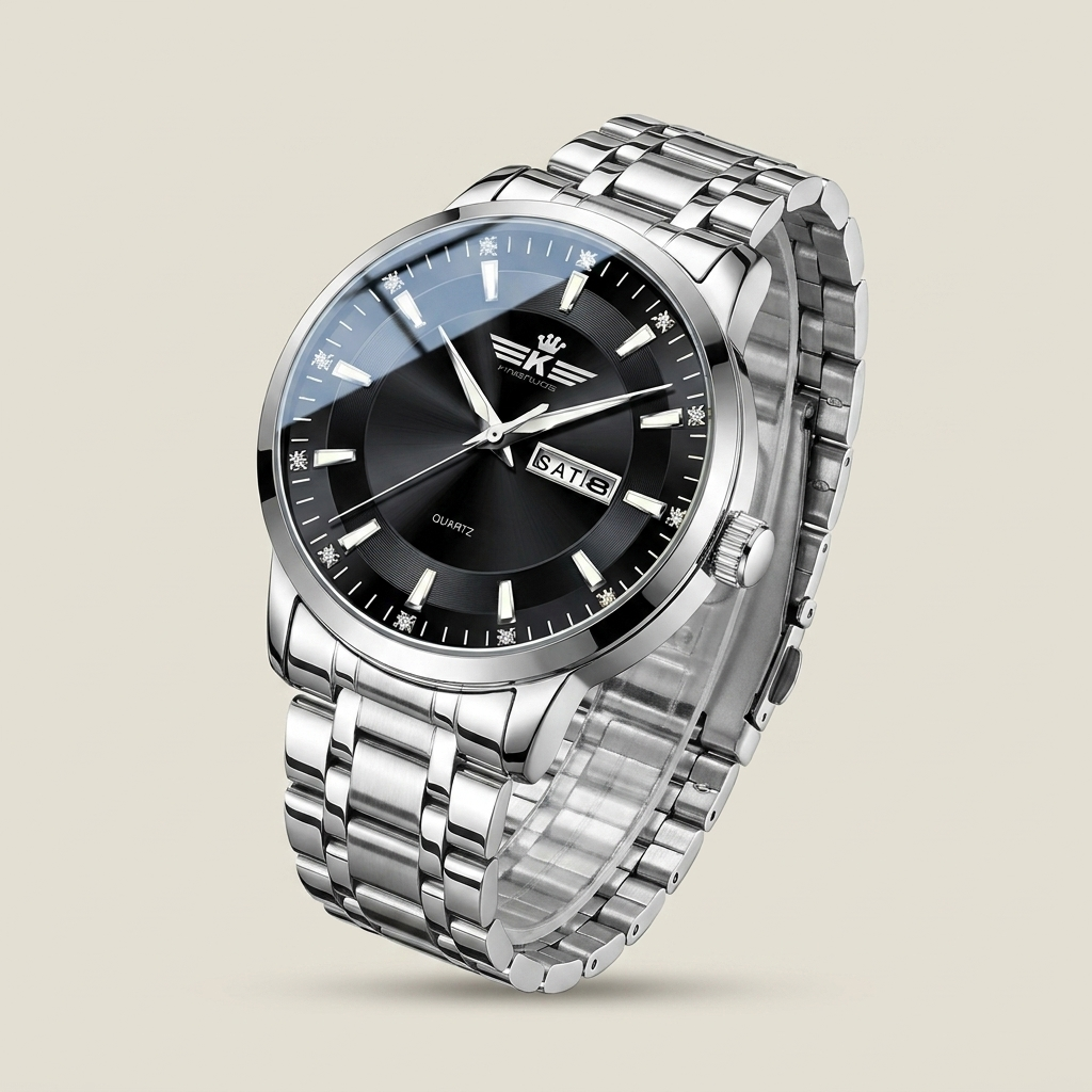 Top-down view of black bracelet men's quartz watch with gold studs and black dial in business style