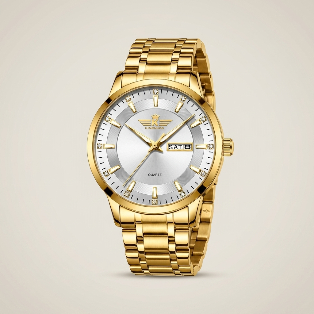 Top-down view of full gold bracelet men's quartz watch with black dial and diamond accent hour markers