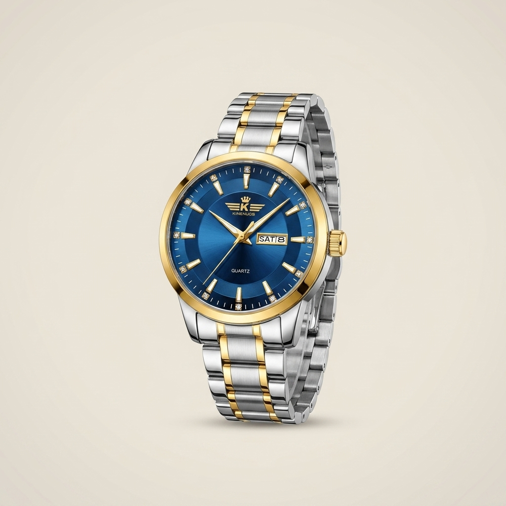 Top-down view of two-tone stainless steel men's quartz watch with green dial showing day and date display windows