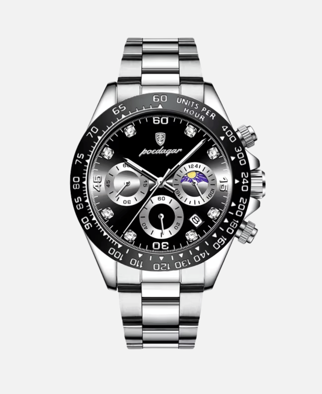 Veltona Chronograph Wristwatch Stainless Steel with Sapphire Crystal, featuring a black dial, black bezel, diamond hour markers, and a day/night indicator.