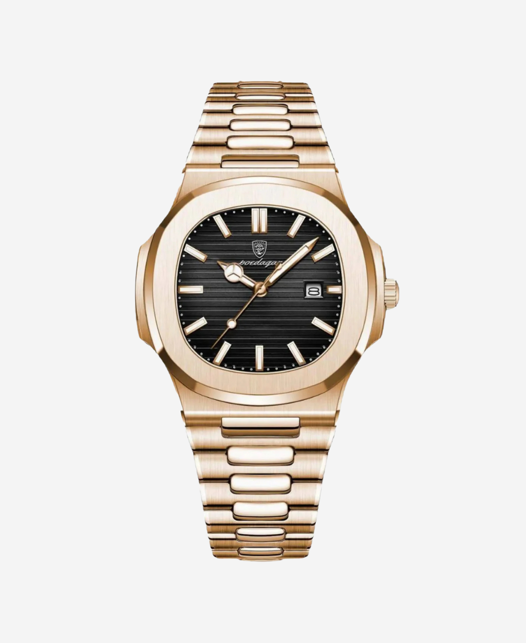 Veridian Iconic Skincare Set with Natural Botanical Extracts, featuring a gold watch with a black striped dial, date display showing 8, and a gold metal strap.