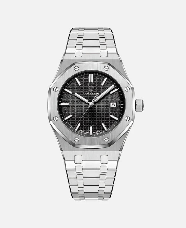 A silver-toned watch with a black textured dial, date window, and metal bracelet, displayed against a white background.