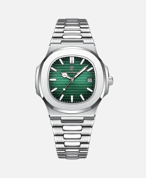 A silver-toned watch with a green textured dial, date window, and metal bracelet, displayed against a white background.