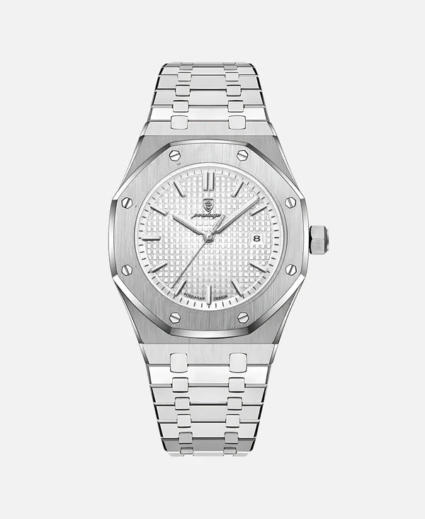 Veridian Iconic Skincare Set with Natural Botanical Extracts, featuring a silver watch with a white textured dial, date display showing 8, and a metal strap.