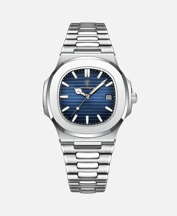 A single silver watch with a metal band and a blue striped dial, featuring an octagonal case and the 'poedagar' logo.