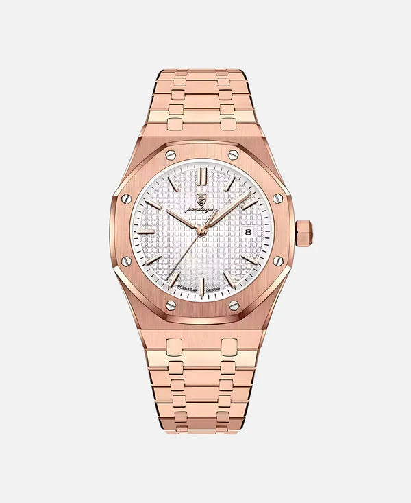 Close-up of a luxurious rose gold watch with a white textured dial, a date window displaying '8', and a matching rose gold metal strap.