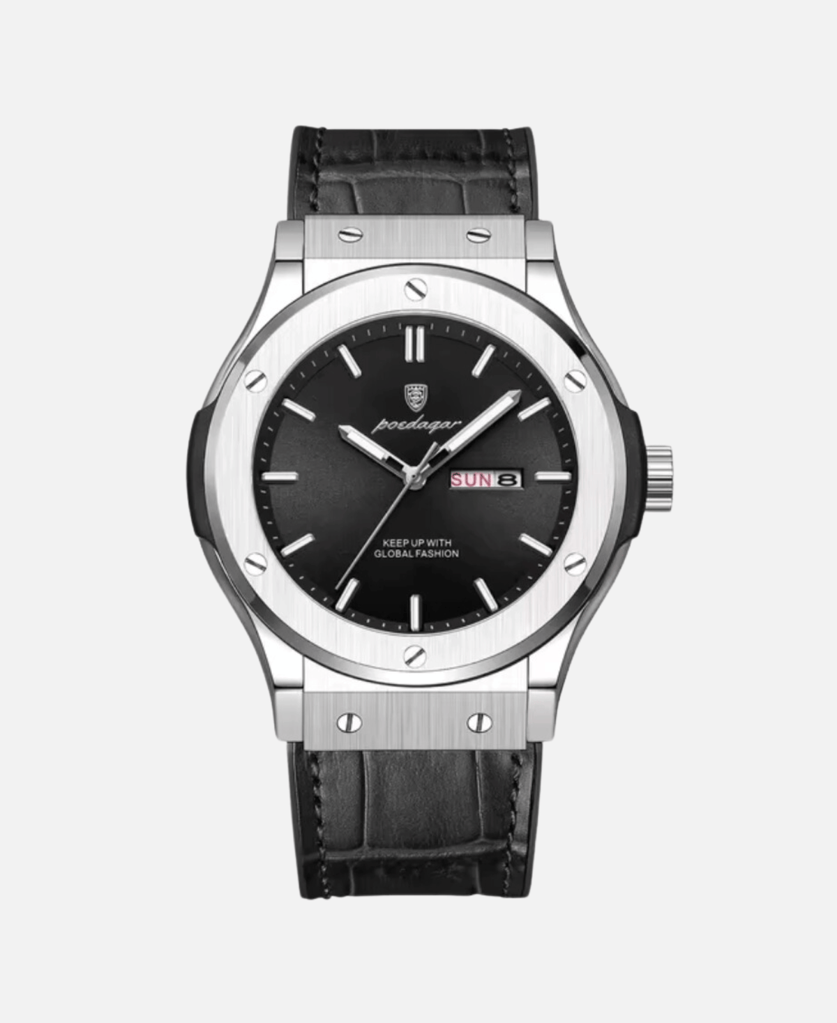Stylish silver watch with a black dial, a date window showing 'SUN 3', and a black crocodile-patterned leather strap.