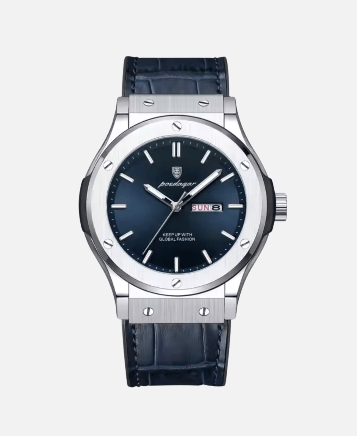 Elegant silver watch with a dark blue dial, a date window showing 'SUN 3', and a black crocodile-patterned leather strap.