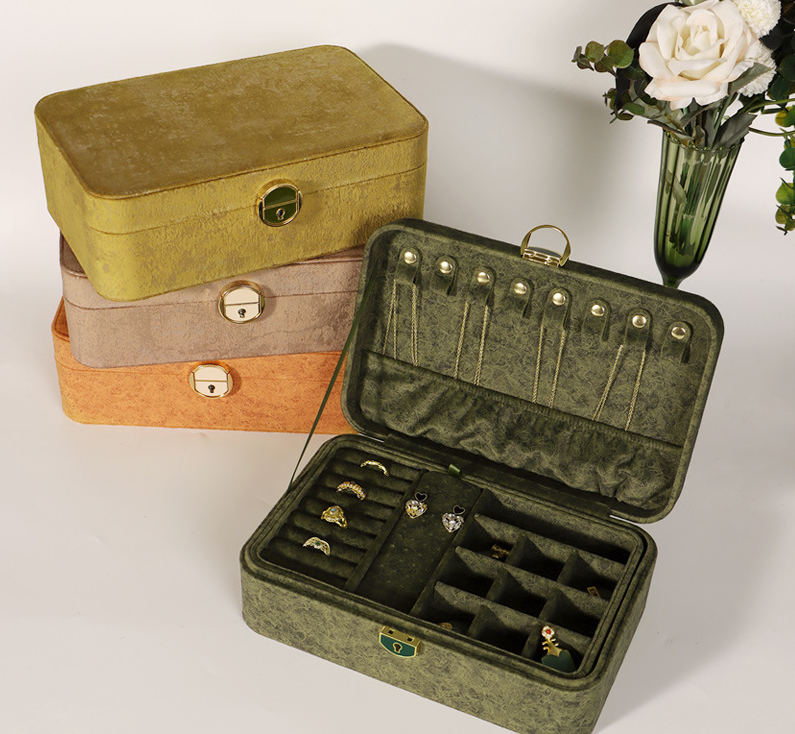 Velvet Floral Orange jewelry storage box close-up front lit showing lockable closure and soft velvet finish
