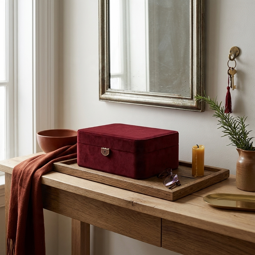 Velvet Floral Orange jewelry storage box front view on homey entry console with clean layout