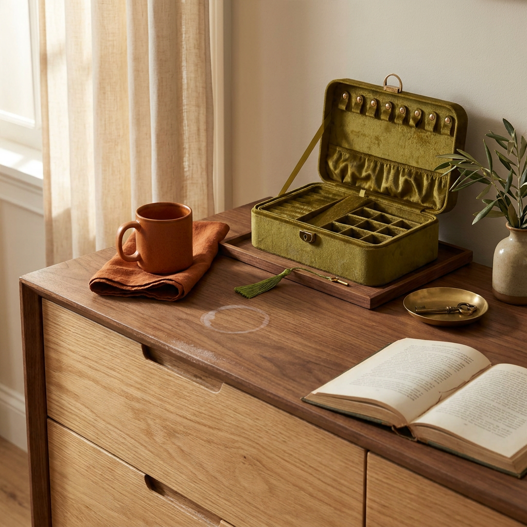 Velvet Floral Orange jewelry storage box at three-quarter angle on homey walnut dresser