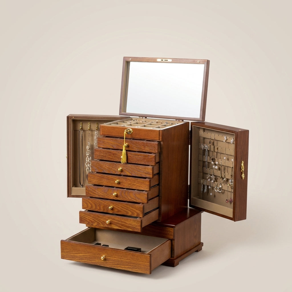 Vintage solid wood 10-layer carved large capacity full lock jewelry box shown front view with warm wood grain and brass hardware