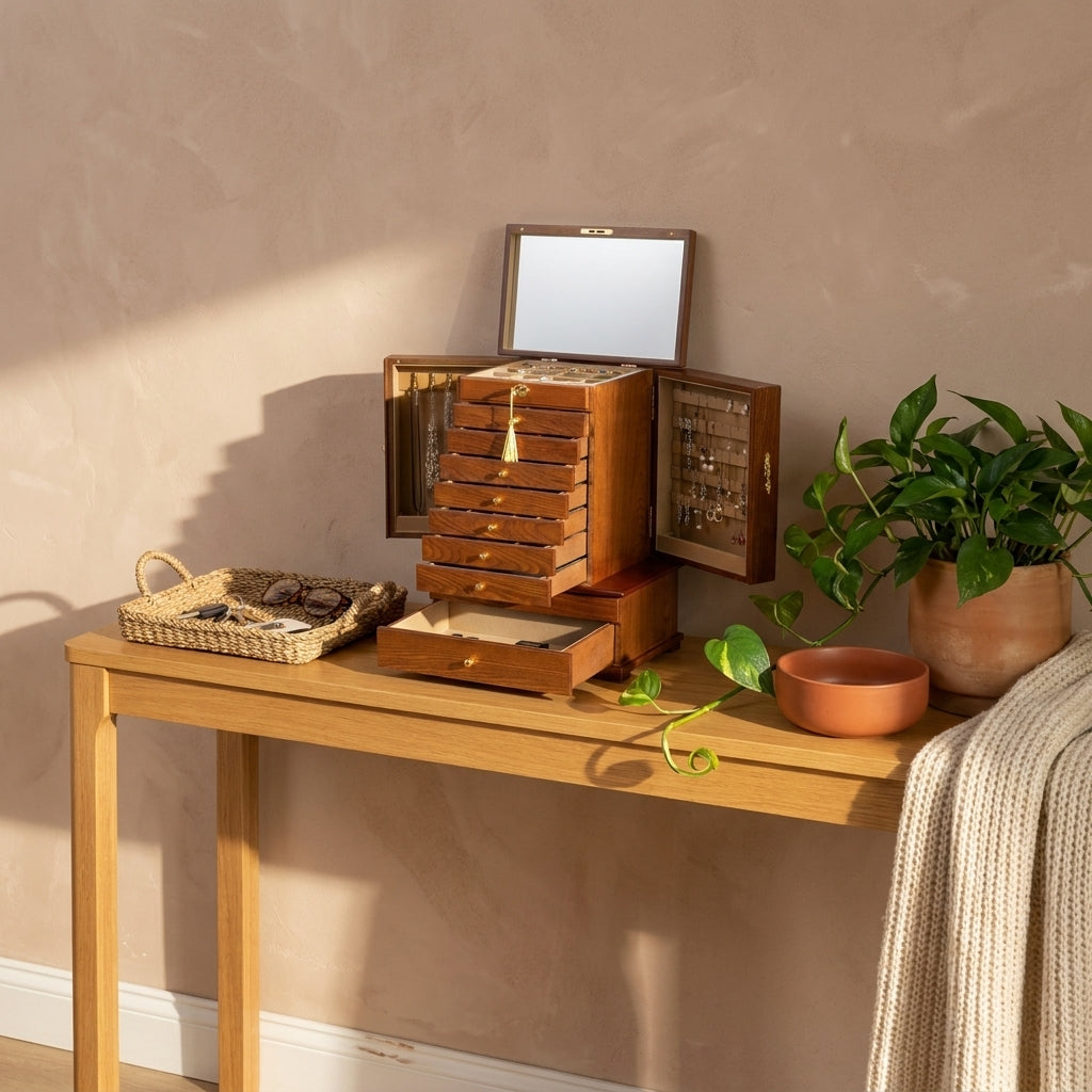 Vintage solid wood 10-layer carved jewelry box side profile on entry console showing natural wood grain and brass-tone hardware