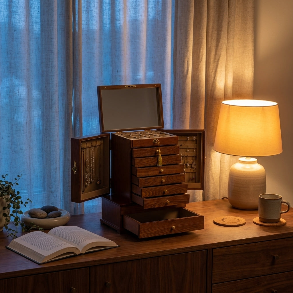 Vintage solid wood 10-layer carved jewelry box three-quarter angle on living room sideboard at dusk with brass accents