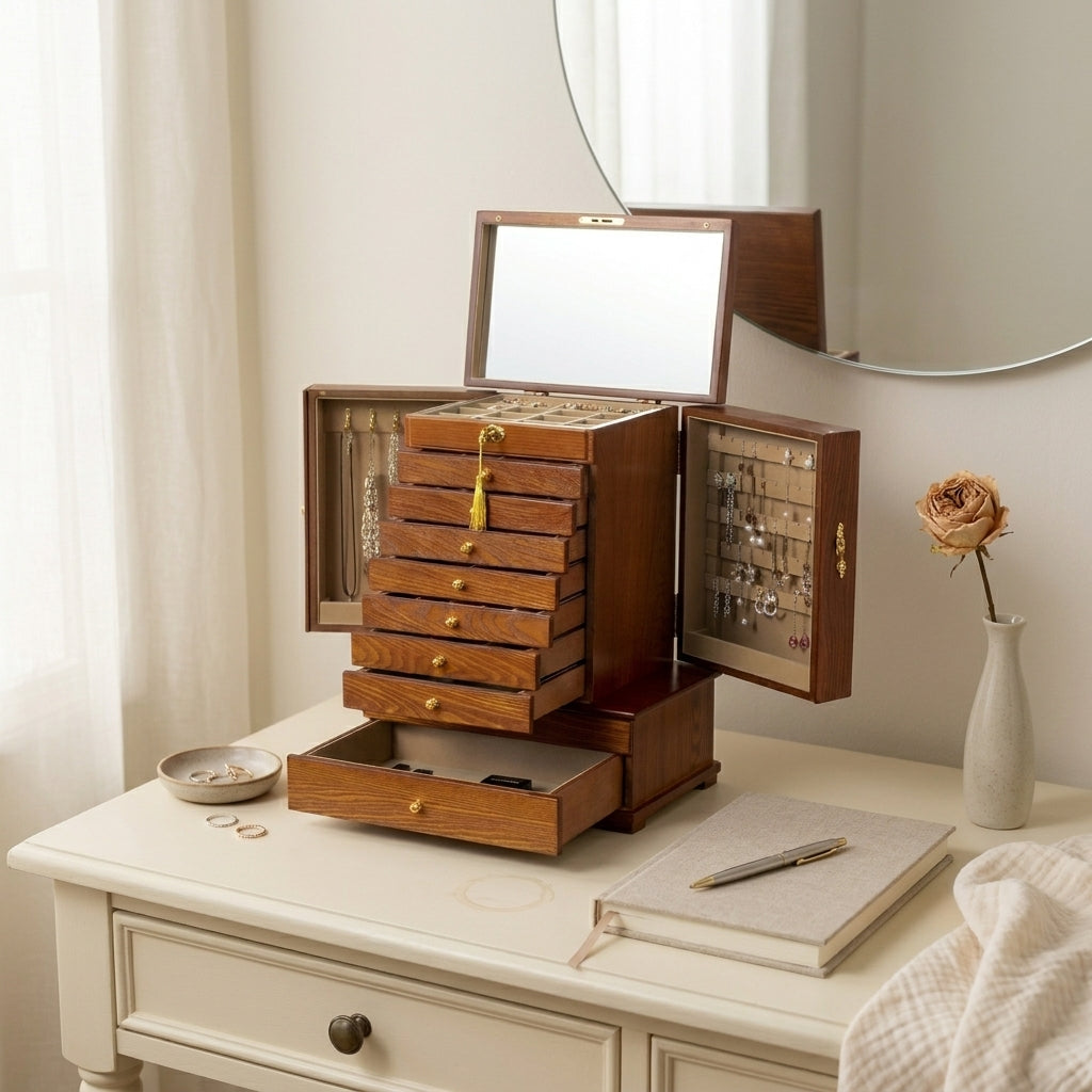 Vintage solid wood 10-layer carved jewelry box top-down on vanity with soft mirror showing velvet-lined tiers and brass hardware