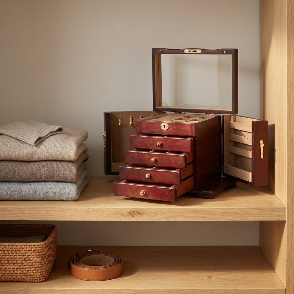 Close-up of vintage solid wood jewelry box with antique finish and brown velvet lining on oak shelf inside wardrobe