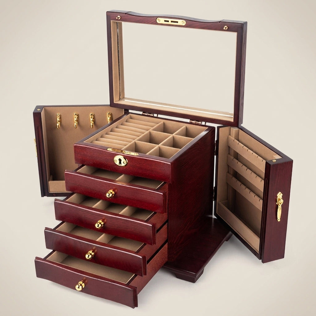 Close-up of vintage solid wood jewelry box in wine red finish with brown lining showing brass hardware lock detail