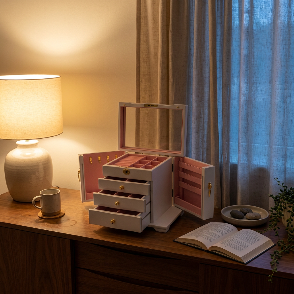 Eye-level wide shot of vintage solid wood jewelry box in wine red finish with brown lining on living room sideboard at dusk