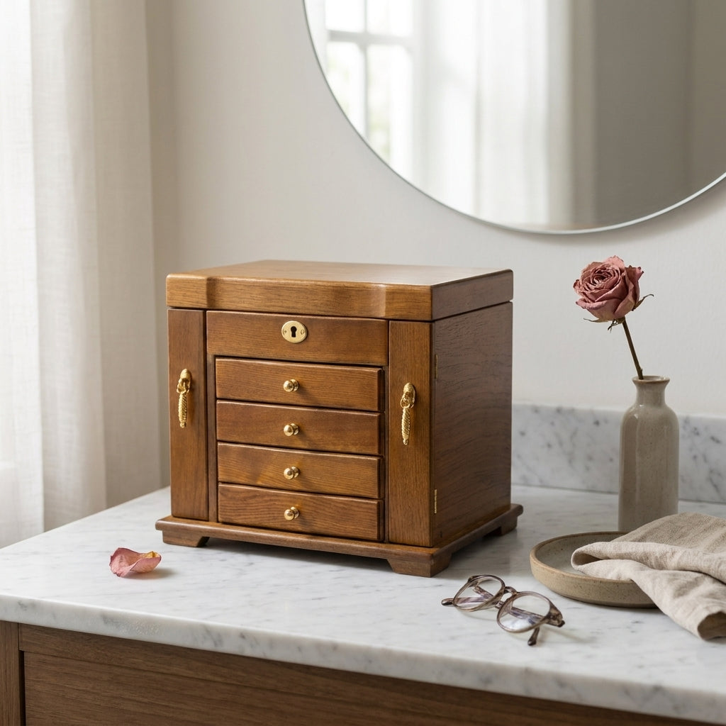 Front view of vintage solid wood jewelry box closed in cream finish with pink velvet lining styled as gift box
