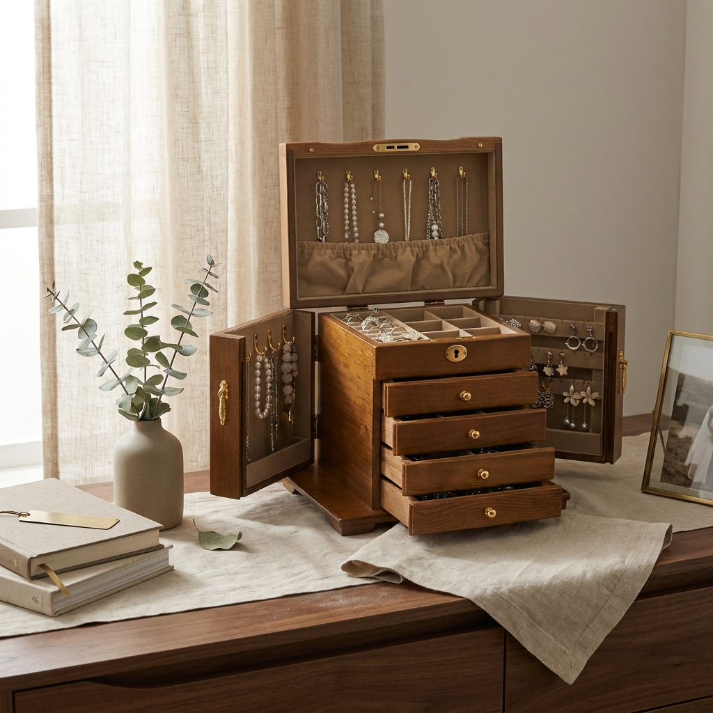 Three-quarter angle of vintage solid wood jewelry box in antique finish with brown lining on bedroom dresser in morning light