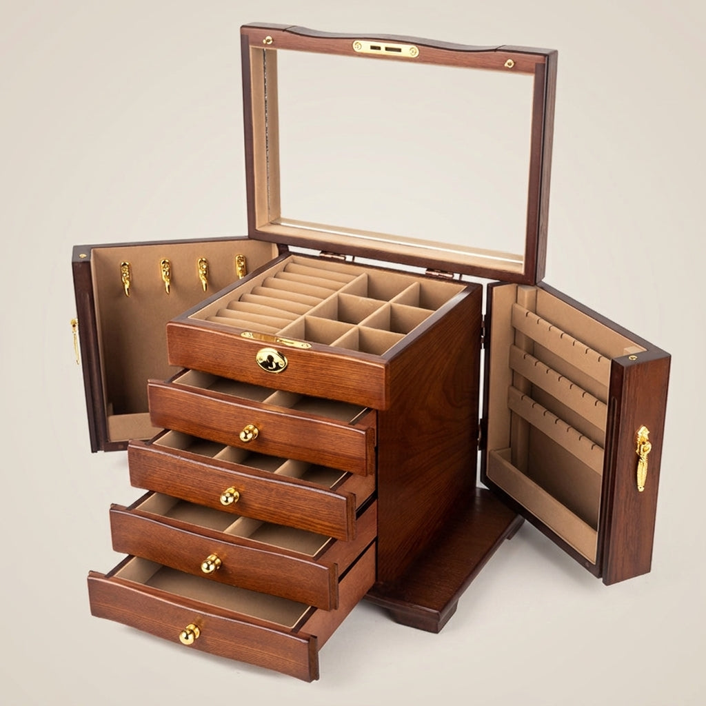 Top-down view of vintage solid wood jewelry box antique finish with brown lining showing open drawer and brass hardware