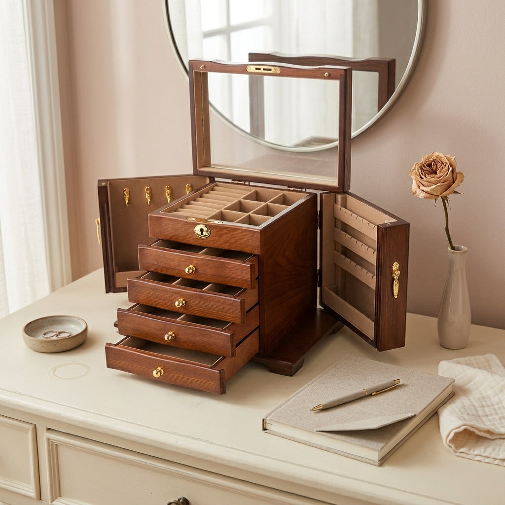 Top-down detail shot of vintage solid wood jewelry box in antique style with brown lining on vanity with soft mirror light