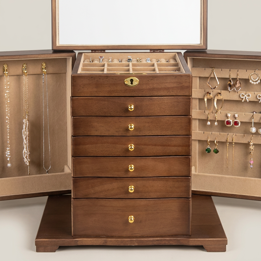 Vintage solid wood 7-layer jewelry box close-up front detail showing warm finish, brass hardware, and soft velvet lining