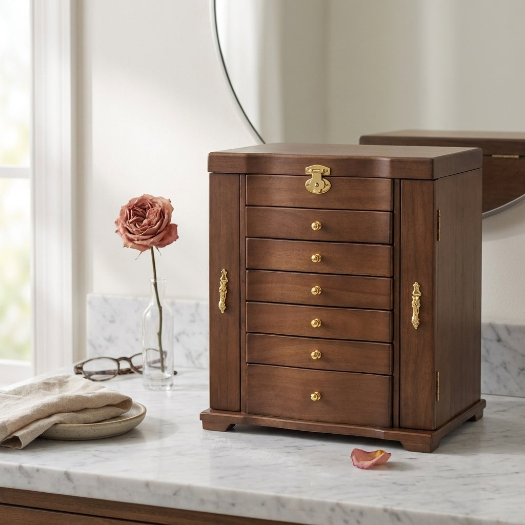 Vintage solid wood 7-layer jewelry box front view closed as gift box showing warm wood grain and brass lock hardware